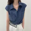 Kvinnors blusar 2023 Summer Retro Temperament Lapel Single Breasted Loose Double Pocket Sleeveless Denim Shirt Top for Women