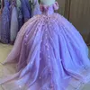 Lavender Sweetheart Ball Hown Quinceanera Corset Flower Beading Seadering Tull Sweet 16 платья vestidos de xv 15 anos 0417