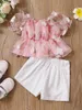 Clothing Sets Kids Girls Pants Suit Casual Street Party Short Sleeve Boat Neck Floral Shirt