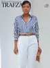 Kobiety damskie bluzki Trafza Stripe Stripe Long Sle Bluzka Vintage Top Top Y2K Loose Street Shirts Spring Nowa moda guzika satynowa koszula Blousel231130