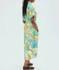 Australian designer turquoise linen floral print short sleeve lapel shirt midi dress