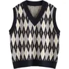 Kvinnors tröjor Preppy Style Turn-Down Collar Long Sleeve Shirt Autumn Winter Loose Knitted Tröja Vest Argyle Vintage Tvådelat Set