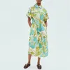 Australian designer turquoise linen floral print short sleeve lapel shirt midi dress