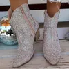 New Western Cowboy Boots Fashion Women Ankle Boots Glitter Bling Shiny Trend High Heels Botas De Mujer