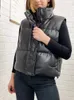 Femmes gilets gilet bouffant vers le bas noir en cuir Pu femme veste manteau automne hiver vêtements d'extérieur bouffant femme sans manches 231129