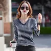 Dames T-shirts Shirt Dames Lange mouw V-hals Gestreept Katoenen T-shirt Mode Casual Tops Lente Herfst Basic T-shirts