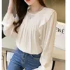 Blusas femininas primavera e outono moda elegante em torno do pescoço manga longa camisa de cor sólida casual versátil ocidental commuter topos