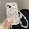 Mobiltelefonfodral Clear 3D Bear Hang Cute Phone Case för iPhone 15 14 13 12 11 Pro Max Plus XR XS 7 8 Cartoon Lanyard Armband Korean Style Cover Q231130