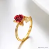 Band Rings Red Rose Flower Leaves Opening Ring For Women Flowers Adjustable Finger Ring Valentine's Day Engagement Jewelry Gift R231130