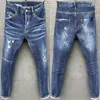 Jeans pour hommes 2023 Mode Loisirs Chiffon Renversé Peinture Slim Stick Tissu Élastique Bleu Pantalon Serré Hommes Streetwear