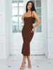 Casual Dresses Brown Color Women Sexy Strap Rayon Bandage Fashion Bodycon Long Dress Elegant Evening Party Outfit Vestido High Quality