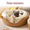 kennels pens YOKEE Pet Cat Mat Dog Bed Sofa Handmade Bamboo Weaving Four Season Cozy Nest Baskets Waterproof Removable Cushion Sleeping House 231124