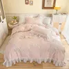 Bedding Sets Chic Silver Flower Embroidery Chiffon Lace Ruffles Duvet Cover Set Bed Skirt Sheet Pillowcases Cotton Girl