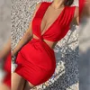 Casual Dresses Sruby Women Sexy Deep V Neck Bodycon Dress Party Club Hollow Out Ruched Mini Elegant Sleeveless