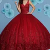 Vermelho brilhante quinceanera vestidos com decote em v vestido de baile doce 16 vestido miçangas apliques rendas lantejoulas sem mangas vestidos de festa de aniversário