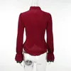 Blouses Femmes Red Velvet Femmes Chemise Top Fête de Noël 2023 Automne Mode Longue Manches Papillon Simple Boutonnage Slim Cardigan Français