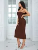 Casual Dresses Brown Color Women Sexy Strap Rayon Bandage Fashion Bodycon Long Dress Elegant Evening Party Outfit Vestido High Quality