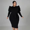 Robes grande taille col rond solide à lacets genou longueur manches longues élégant femmes salopette robe de soirée haute rue gaine pleine