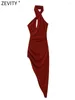 Casual Kleider Zevity Frauen High Street Falten Design Ärmel Kreuz Halter Stricken Midi Kleid Weibliche Chic Unregelmäßige Party Vestidos