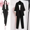 Calças de duas peças femininas 2023 Jaqueta fina de verão Blazer colete branco Casual 3pcs Conjunto elegante feminino