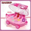 Beauty Fashion Girls Trolley Cosmetic Princess Makeup Box Fitcase Lipstick Children Toy Playing Play Baby Set 231129