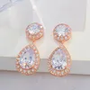 Boucles d'oreilles pendantes QooLady belle couleur or Rose classique en forme de larme de qualité supérieure en cristal CZ longue goutte pour les femmes fête de mariage E114