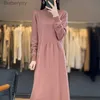 Grundläggande avslappnade klänningar Rongyi 100% merinoull 2023 Autumn and Winter New Dress Women's Clothes Half High Neck Pullover Long Dress Top Fashion Koreanl231130