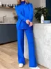 Women's Two Piece Pants 2 Pieces Blue Women Sets Knitted Tracksuit Turtleneck Sweater and Straight Jogging Pants Suits 231130