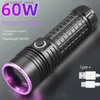 Torches 60W 365 NM UV Latarka UV Wysoka moc typu-C ładowna przenośna wodoodporna 26650 UV Torch Linterna Ultravioleta Q231130