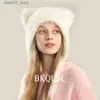 Beanie/Skull Caps Mink Fur Cartoon Cat Ear Women's Bomber Hat Solid Color Winter Warm Luxury Soft Fluffy Earflap Cap Female Cute Knitting Beanies Q231130