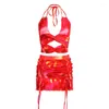 Work Dresses BOOFEENAA Beach Vacation Cute Outfits For Women 2 Piece Sets Red Print Deep V Twist Halter Top And Drawstring Mini Skirt