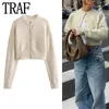 Frauen Strick Beige Strickjacke Frau Herbst Abgeschnitten Pullover Für Frauen 2023 Winter Taste Kurze Lange Ärmel Stricken Top