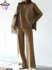 Calças femininas de duas peças outono inverno cintura alta perna larga camisola de malha elegante casual topo opescoço grosso quente conjunto 231129