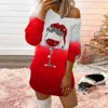 Abiti casual Natale donna 2023 autunno inverno moda bicchiere di vino stampa mini abito dritto a maniche lunghe con spalle scoperte