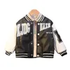 Down Coat Baby Boys Letter Print Baseball Stripes Collar 2023 Spring Faux Leather Moto Jackets for Children Racing Biker FY11073 231130