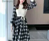 Basic Casual Dresses Autumn and winter lantern sle plaid long sled dress with woolen woven waistband fake two A-line skirt long skirtL231130