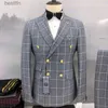 Men's Suits Blazers 2023 Fashion New Men's Leisure Boutique Double Breasted Plaid Suit 2 Piece Set Drees Blazers Jacket Pants Trousers Two PcsL231130