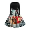 Casual Dresses Women Christmas Print Flare Dress Long Sleeve O-Neck Party Black Swing Sukienka Dlugi Rekaw Damska