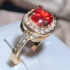 Cluster Rings Vintage Red Square Cubic Zirconia Women Ring CZ Stone Noble Mother/Grandmother Gift Retro Party Finger Bright Jewelry