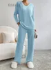 Mulheres duas peças calças kaaazi inverno sleepwear 2 peça conjunto de manga comprida vneck malha casa roupas cintura elástica solta sólida 231129