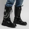 Buty skórzany łańcuch motocyklowy Mid Calf Platform Gothic Belt Punk For Men Designer Biker 231130