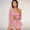 Sexy pijamas pijamas mulheres 3 peça conjunto de malha manga topos cinta espaguete colheita feminino casual shorts outono sólido sexy sleepwear pijama pant 231130