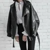 Veste en cuir synthétique souple pour femmes, Streetwear, noir, manches longues, poche, manteau de motard, avec ceinture, fermeture éclair, ceinture de Moto OUTWEAR