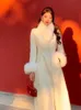 Женские шерстяные пальто 2023, элегантные шерстяные пальто с белым меховым воротником, женские тонкие шерстяные пальто в китайском стиле, длинные женские винтажные толстые теплые 231129