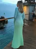 Basic Casual Dresses Gradient Pleated Flare Long Sleeve Dress Women Elastic O Neck Maxi Dresses Summer Elegant Lady Holiday Beachwear Vestido 231129