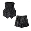 Kvinnors träningsdräkter Kvinnor Fashion Sequin Shorts Set For 2 Pieces Vest Coat Suits Elegant Two Piece Outfit 2024