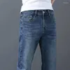 Erkek kot pantolon artı 38 40 mavi düz eşleşen sıradan pamuk streç denim pantolon erkek marka düzenli uyum pantolon