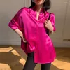 Women's Blouses JulyPalette Elegant Rose Red Women Satin Tops Spring Summer Loose Single-breasted Ladies Long Sleeve Blusas 2023