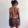 Robes décontractées imprimé léopard dos nu robe femmes à manches longues maille printemps licou Transparent Sexy Club