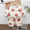 Pajamas Autumn Winter Kids Thicken Warm Flannel Pajamas Baby Boys Girls Cartoon Strawberry O-neck Clothing Sets Sleepwear Pyjamas 231129